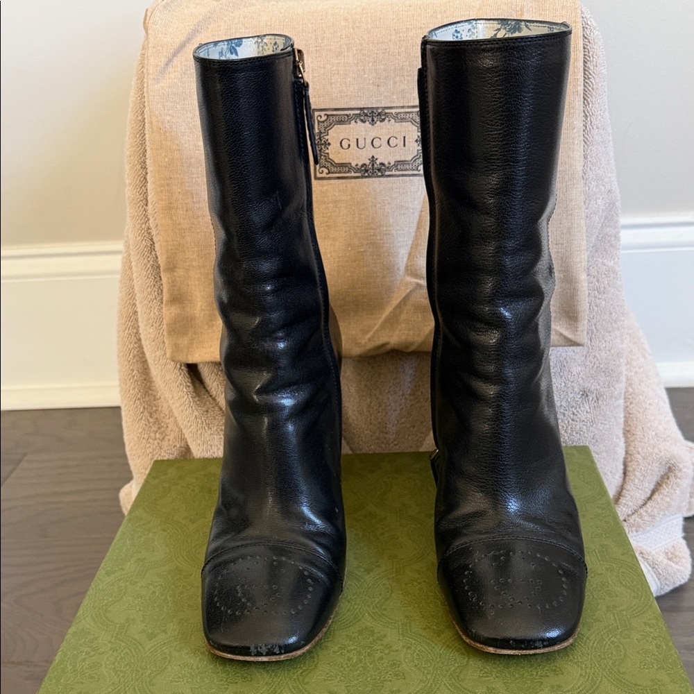 Gucci Black Leather Heeled Boots
